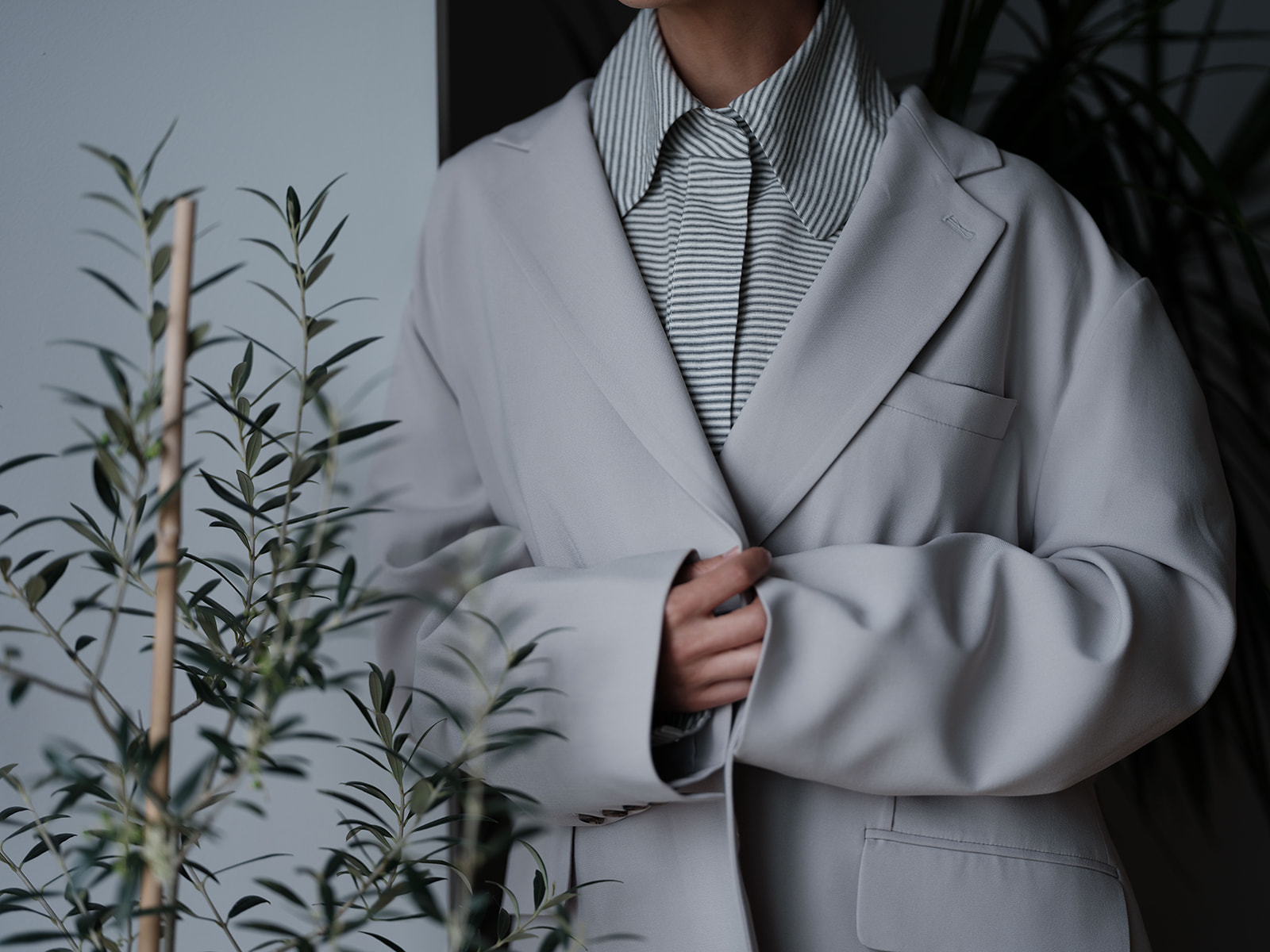 Gray blazer and striped collar framed by olive branches